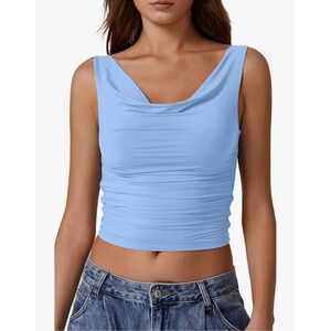 QINSEN‎ Women's XL Cowl Neck Crop Top Sleeveless Ruched Double Lined Blue
